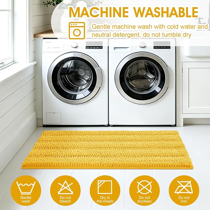 ACCUMTEK Striped Yellow Bathroom Rug Set 3 Pieces Ultra Soft, Non Slip Chenille Toilet Mat, Absorbent Plush Shaggy Bath Mats for Bathroom, Bedroom, Kitchen