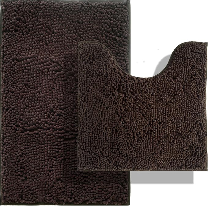 BOANKODU Bathroom Mat Sets 2 Piece, Absorbent Non-Slip Very Soft Chenille Mat, 32x20 Inch + 20x20 Inch U Shape, Machine Washable (Coffee)