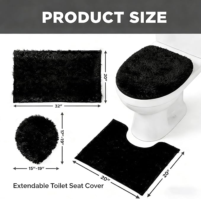 RUN HELIX Black Bathroom Rugs Sets 3 Piece Shaggy Bath Mat Non-Slip Mats Water Absorbent Bath Rug Floor Mats Soft Washable Shower Rug with U-Shaped Contour Rug Toilet Lid Cover Home Decor Accessories