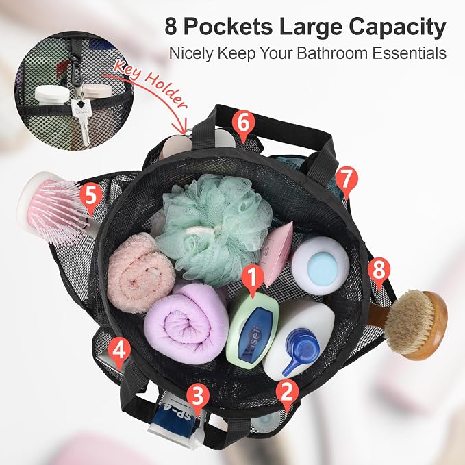 F-color Mesh Shower Caddy Portable with Drawstring - Large 8 Pockets Dorm Room Essentials for Guys Girls with S Hook, Shower Bag Basket Tote for College Camping Travel Bathroom, 2 Pack Black & Pink