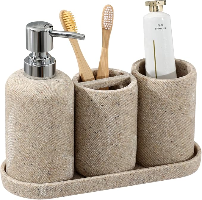 Bathroom Accessories Set,4 PCS Bathroom Organizer,Sand Stone Look,Beige | Simple, Modern Decor, Twill, With 10OZ Soap Dispenser and Toothbrush Holder, Tumbler, Vanity Tray for Bathroom Countertop
