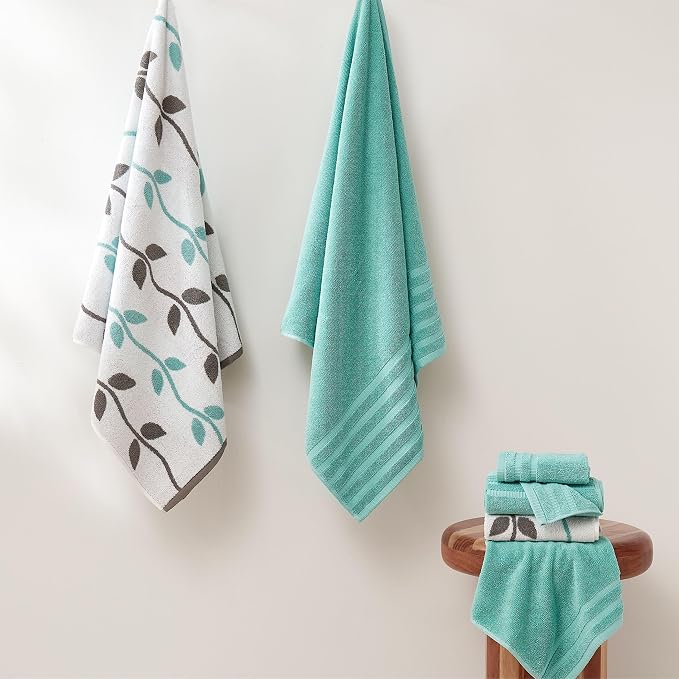 Modern Threads 6 Piece Bath Towel Set – Bathroom Set with 2 Bath Towels, 2 Hand Towels, and 2 Wash Cloths – 100% Cotton, Super Absorbent & Extra Soft – Reversible Natural Vine (Aqua)