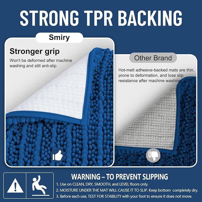 Smiry Bathroom Rugs 24X16, Extra Soft Rubber Backing Chenille Bath Mats | Deep Navy Blue Machine Washable Non Slip Quick Dry Bath Mats for Bathroom Floor, Tub, Shower, Home Decor Accessories