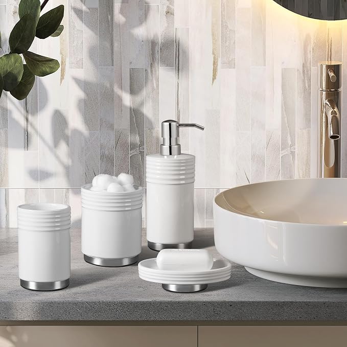 RQYIXI Ceramic 4-Piece Bathroom Accessories Set, White, Chrome Base | polished chrome metal base ribbed design with cotton canister hotel style countertop organization