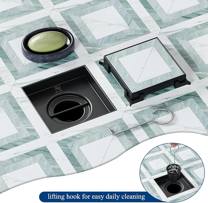 Neodrain Square Shower Drain with Removable Tile Insert Grate,304 Stainless Steel, CUPC Certified, Includes Hair Strainer (Matte Black, 4 in)