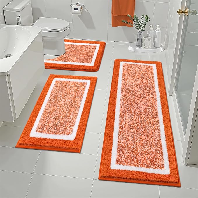 Pauwer Bathroom Rugs 3 Piece Set, Non Slip Washable Bath Mat, Orange | Soft Plush Microfiber, Super Absorbent Floor Carpet, U Shaped Toilet Mats, Quick Dry, Shaggy Shower Rugs Runners