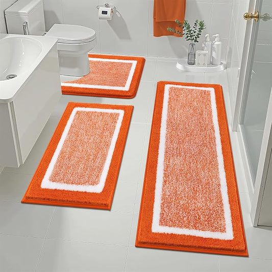 Pauwer Bathroom Rugs 3 Piece Set, Non Slip Washable Bath Mat, Orange | Soft Plush Microfiber, Super Absorbent Floor Carpet, U Shaped Toilet Mats, Quick Dry, Shaggy Shower Rugs Runners