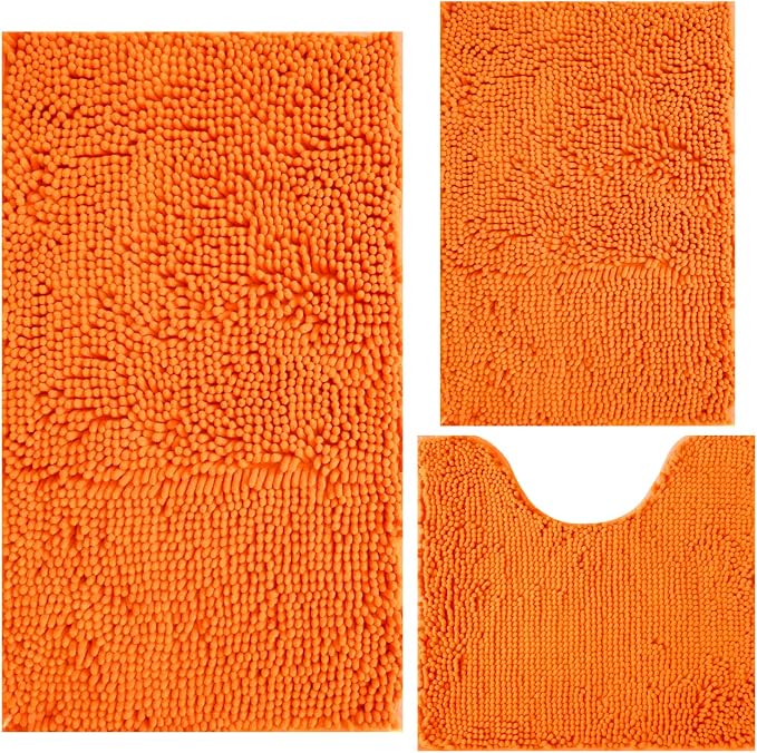 Bathroom Rugs Chenille 3-Piece Extra Soft and Absorbent Shag Bathroom Rugs, Machine Wash Mat, Strong PVC Non-Slip Underside, Plush Carpet Mats (Orange)