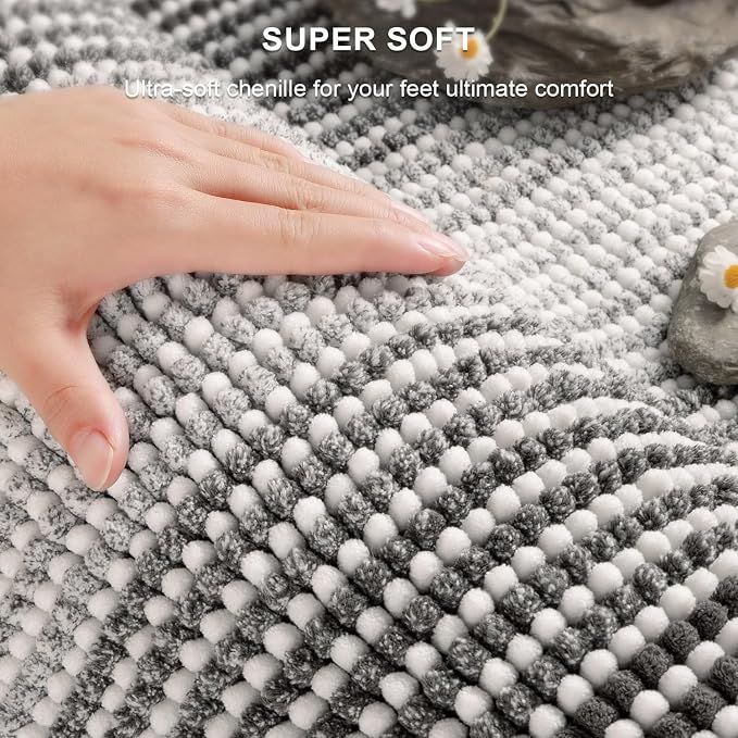 Bathroom Rugs Sets 2 Piece, 32"x20" + U-Shaped 24"x20", Gray | Ultra Soft Absorbent, Chenille Contour Toilet Rug, Non Slip Striped, Quick Dry Machine Washable, Shower Rug for Bathroom