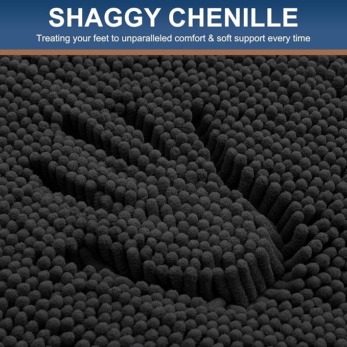 Smiry Chenille Bathroom Rugs Sets 2 Piece (34x21+30x20, Black) | Soft Absorbent Machine Washable Non Slip Shaggy Bath Rug Set for Tub, Shower, and Floor, Home Decor