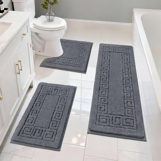 Pauwer Bathroom Rugs Sets 3 Piece, Plush Absorbent Bath Rug, Dark Grey | Microfiber Bath Mat Set, Non Slip Washable, Quick Dry Floor Carprt, Soft U Shaped Toilet Mats For Bathroom Shower Sink