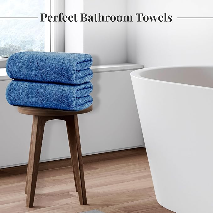 4 Piece Extra Large Bath Towels 30 x 60 Inches, Blue | 100% Cotton, Larger & Lighter Weight, Quicker to Dry, Super Soft and Absorbent, Perfect for Bathroom
