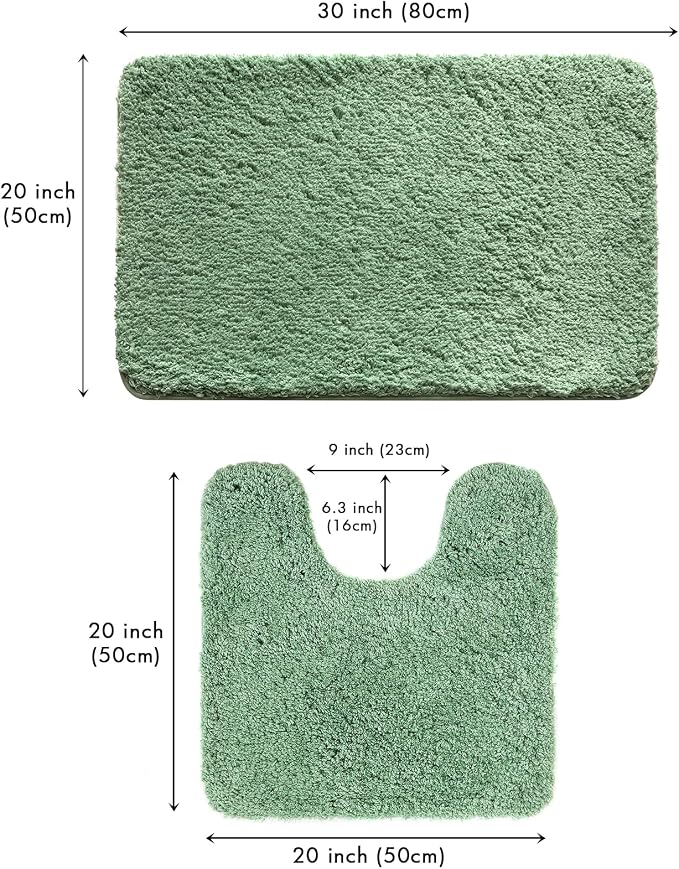 MIULEE Sage Green Bathroom Rugs Set 2 Piece Soft Bath Mats 20x20+20x32 Inch | Absorbent Microfiber Bath Mat and U-Shaped Toilet Rug, Non Slip, Quick Dry, for Bathroom Floor Tub Showers, Machine Washable