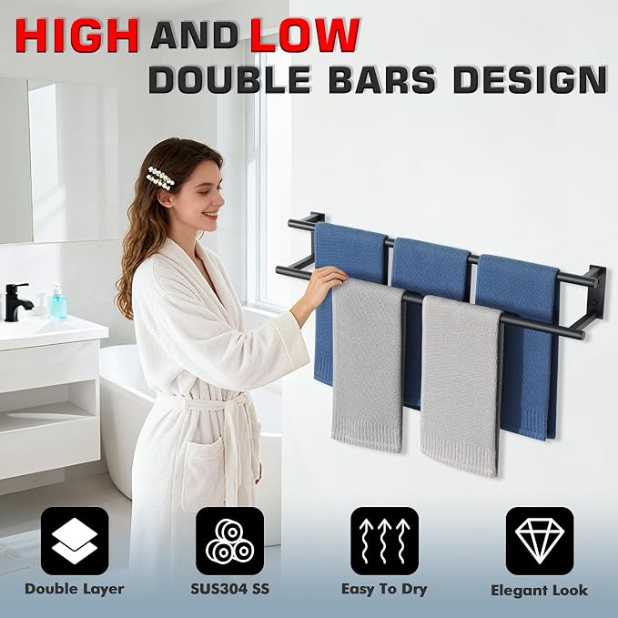 Alise Bathroom Double Towel Bars Wall Mount 28'' Towel Holder Towel Racks for Bathroom,SUS304 Stainless Steel Towel Hanger Towel Rails,Matte Black