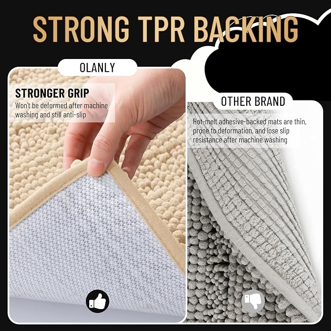 OLANLY Thick Chenille Bathroom Rugs Sets 3 Piece, 47"x20"+24"x16"+24"x20" | Beige, Absorbent Bath Mats and U-Shaped Contour Toilet Rug, Home Decor Accessories, Bath Mat Set for Bathroom