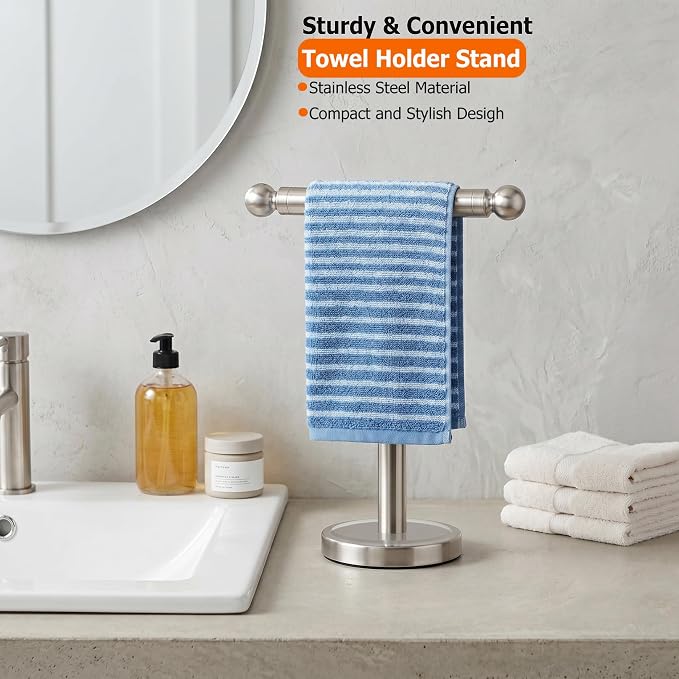 Hand Towel Holder Standing, T-Shape Towel Rack with Heavy Base, Regular Sized Hand Towel for Bath (Brushed Nickel, Stainless Steel)