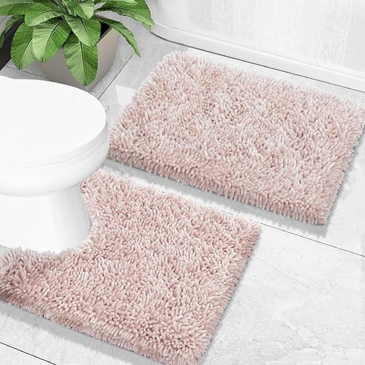 Yimobra Bathroom Rugs Sets 2 Piece, Soft Absorbent Bath Mat and U-Shaped Toilet Rug with Non Slip Backing, Luxury Shaggy Bath Mats for Bathroom, Machine Washable, 24"x17"+24"x20", Pink