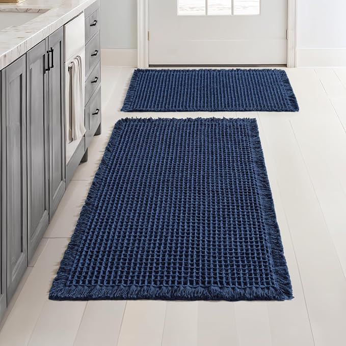 MIULEE Set of 2 Waffle Bathroom Rugs Navy Blue Bath Mat 17"x24"+20"x32" | Non Slip, Super Absorbent, Washable, Ultra Soft, Rubber Backed Bath Rugs for Bathroom Floor Tub Shower, Boho Decor
