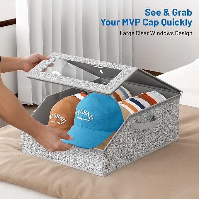 AOODA 2 PCS Sturdy Hat Storage for Baseball Caps, Holds up to 48 Caps Clear Hat Organizer for Closet, Bedroom, Wide Hat Box with Cardboard (Grey)