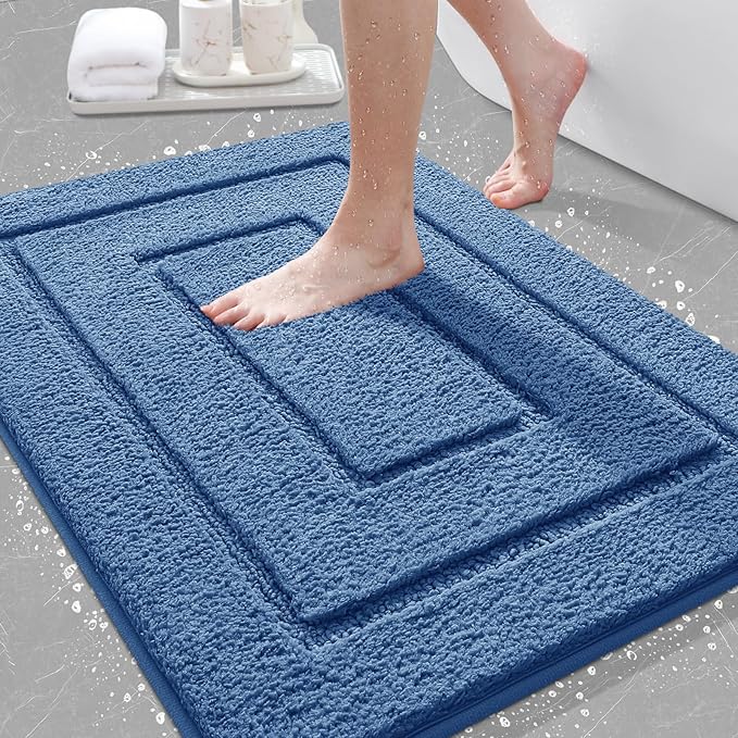 IM HOME Bathroom Rugs, Ultra Soft Plush Fluffy Microfiber Absorbent Bath Mat, Non-Slip Backing, Machine Washable Bath Mats for Bathroom Floor, Tub and Shower, Blue/32"x20"/Bordered