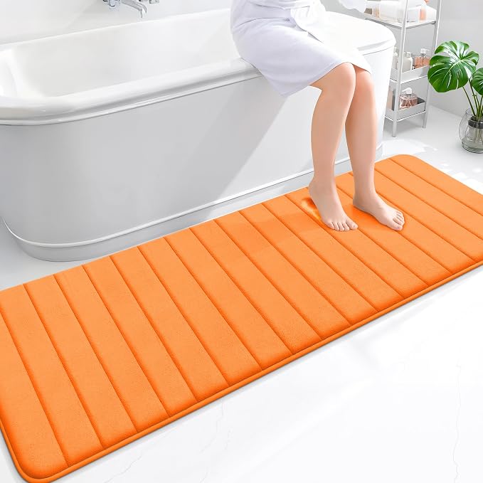 OLANLY Memory Foam Long Bathroom Rugs Runner 70x24, Super Soft Absorbent | Orange, Quick Dry Bath Mat, Machine Washable Shower Floor Rugs, Bathmat Carpet for Bathroom Floor, Tub and Shower