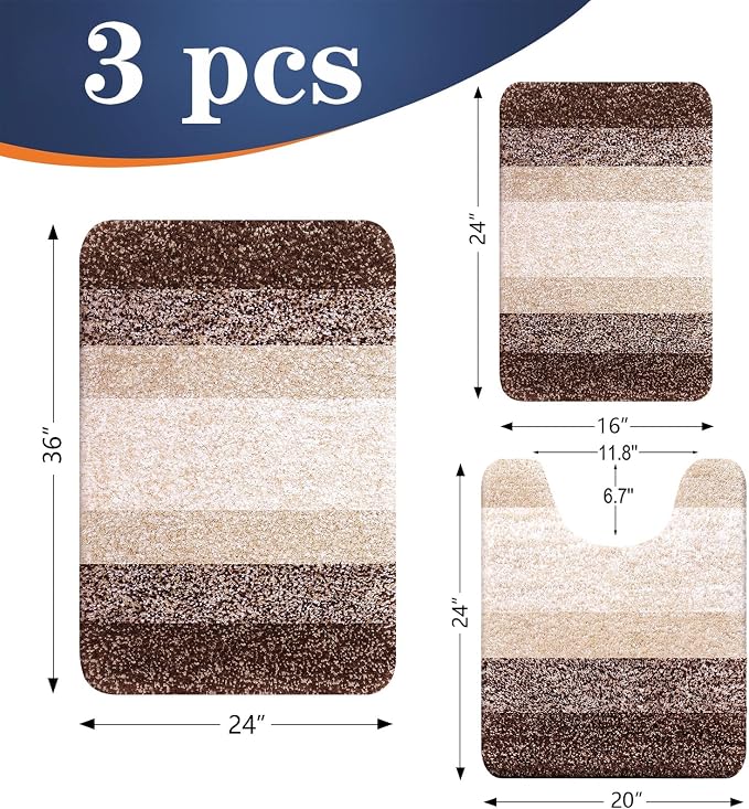 OLANLY Microfiber Bathroom Rugs Sets 3 Piece, 36"x24"+24"x16"+24"x20" | Brown, Soft Absorbent Bath Mats and U-Shaped Contour Toilet Rug, Plush Shaggy Bath Mat Set for Bathroom