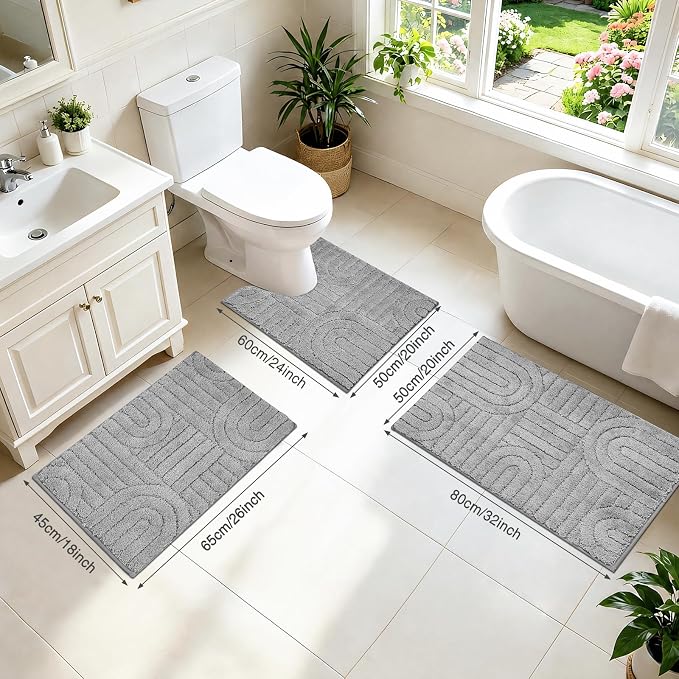Homcomoda Bathroom Rugs Sets 3 Piece, Soft Absorbent Microfiber Bath Mats and U-Shaped Contour Toilet Rug, Non Slip Bath Rugs Machine Washable Shaggy Bath Room Floor Mats, Grey