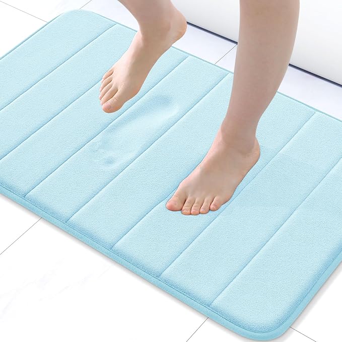 Buganda Memory Foam Bath Mat 30 x 20, Ultra Soft Absorbent Bathroom Rugs | Light Blue, Machine Washable Quick Dry Bath Mats for Bathroom Floor, Shower and Tub, Home Decor Accessories