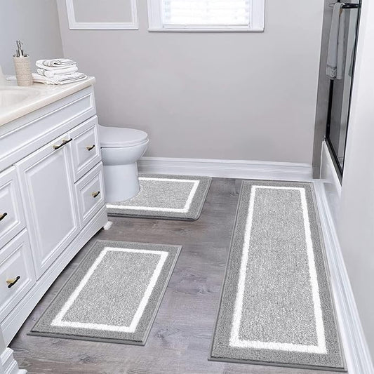 Pauwer Bathroom Rugs 3 Piece Set, Non Slip Washable Bath Mat, Light Grey | Soft Plush Microfiber, Super Absorbent Floor Carpet, U Shaped Toilet Mats, Quick Dry, Shaggy Shower Rugs Runners