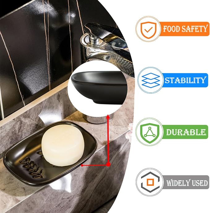 Soap Dish Soap Holder Shower, Ceramic Soap Dishes for Large Bar Soap Sponge, Shower Soap Dish Soap Saver Tray for Bathroom Kitchen Sink, Elegant Raised Leaf Design, Easy Dishwasher Cleaning, Black