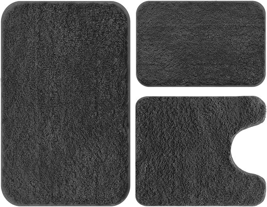 Bathroom Rugs Sets 3 Piece Extra Soft and Absorbent Microfiber Bath Rugs, Plush Shaggy Luxury Mat with Rubber Backing, Machine Wash Dry, Bath Mats for Bathroom Floor, Tub and Shower, Deep Grey