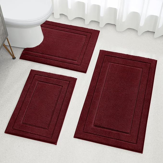 HOMEIDEAS Burgundy Red Bath Rugs Set of 3, Non Slip Bath Mats | Super Absorbent, Plush Microfiber, Machine Washable, Stain Resistant, Easy Care, Perfect for Modern Bathroom Decor