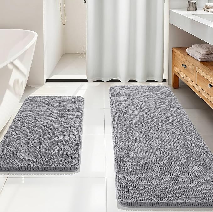 OLANLY Chenille Bathroom Rugs Mats Sets 2 Piece, 59"x20"+30"x20", Grey | Ultra Soft Absorbent Bath Rugs Set, Rubber Backing Non-Slip, Quick Dry, Machine Washable Bath Carpet, Home Decor Accessories