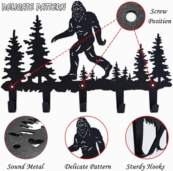 Bigfoot Sasquatch Metal Coat Hooks Wall Mount-Bigfoot Sasquatch Hangers and Key Holder-Clothes Hat Rack and Backpack Hanger Decor for Storage, Living Room, Hallway, Office Gift
