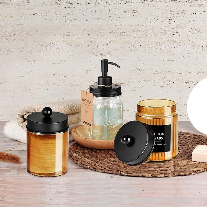 Amolliar Amber Glass Qtip Holder, Apothecary Jars with Black Metal Lid & Stickers-Bathroom Qtip Dispenser Storage Organizer Set, Vanity Countertop Canister for Cotton Swabs, Floss Container(1 Pack)