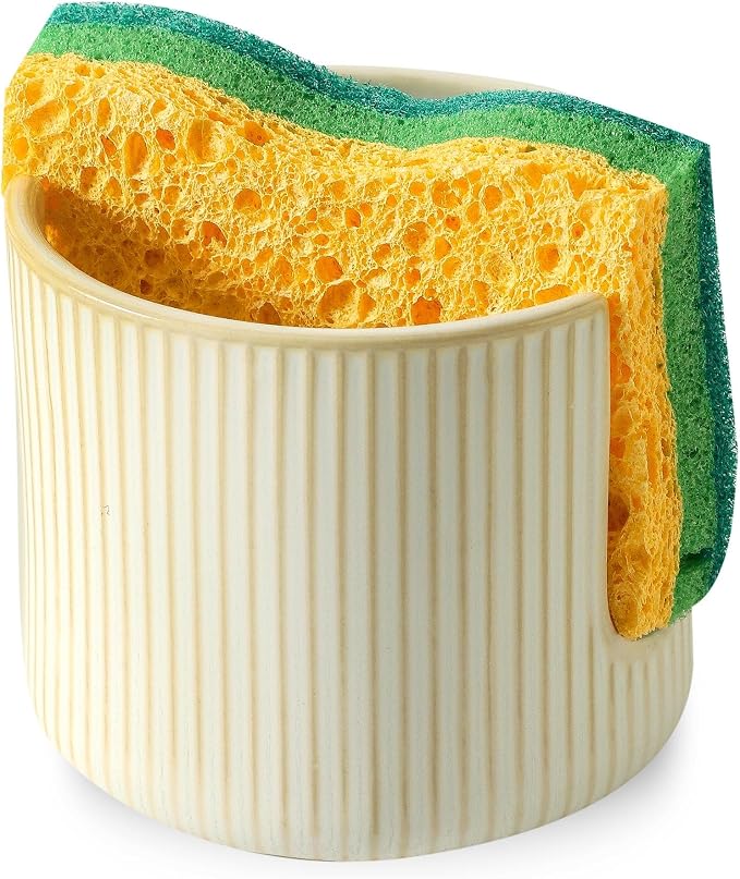 Sponge Holder for Kitchen Sink Countertop, Ceramic Scrub Sponge Dish Holder, Compact Sink Caddy Organizer Accessories for Dish Brush, Scrubber, Glazed White