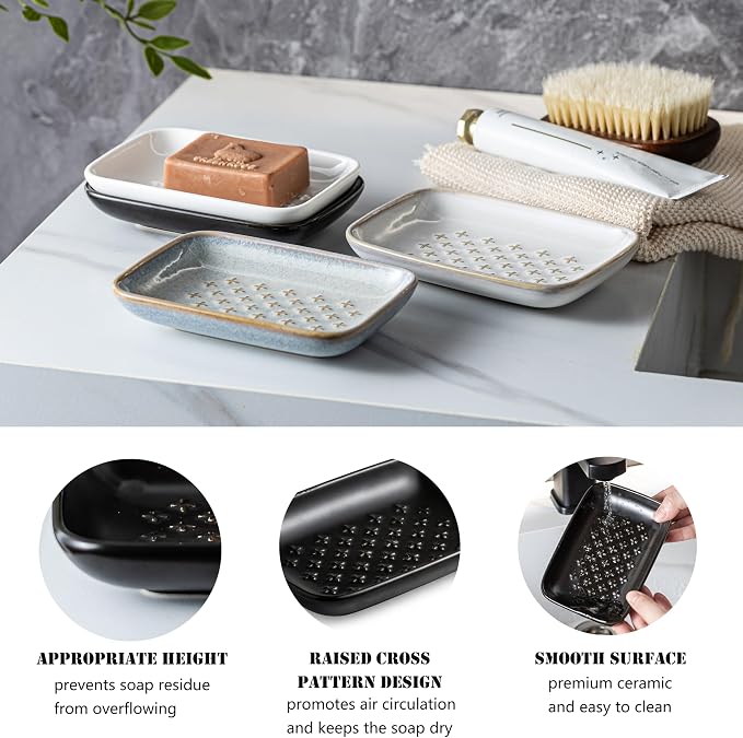 Gomakren Ceramic Soap Dish, Non-Slip Shower Soap Holder for Bathroom & Kitchen Sink, Father's Day Soap Saver Tray for Bar Soap Sponge, 5.5 Inch, Black
