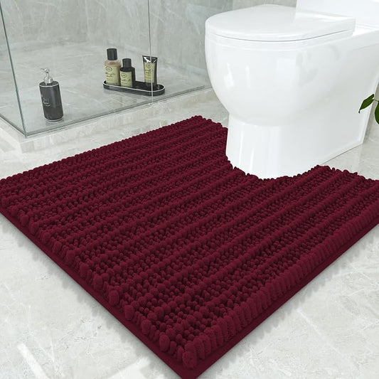 Smiry Bathroom Toilet Rugs U Shaped 24x24, Chenille Bath mats for Toilet | Burgundy Extra Soft Absorbent Non Slip Rubber Backing Contour Bath Rugs for Toilet, Machine Washable Contoured Bath Mats