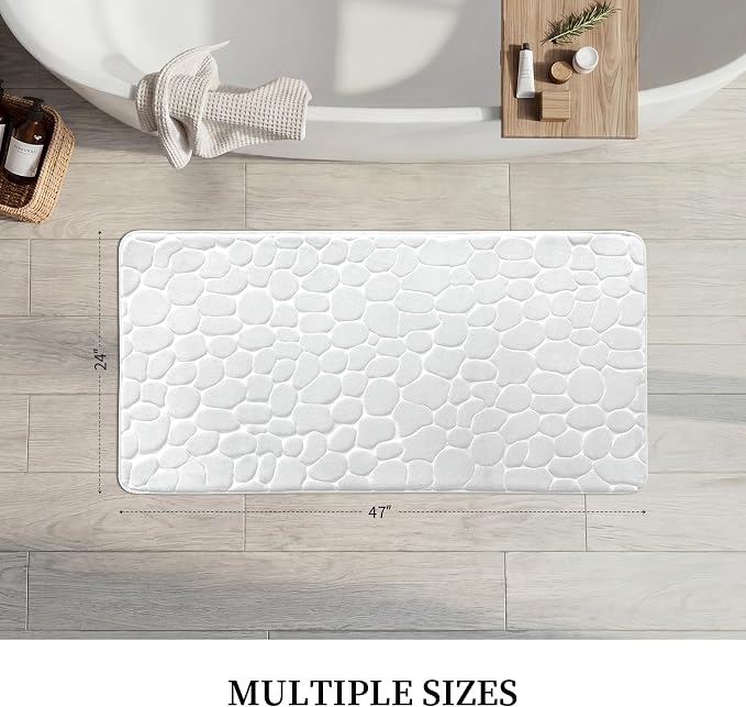YIHOUSE Memory Foam Runner Rug, Cobblestone Bathroom Runner Rugs Super Water Absorbent Bath Mats for Bathroom Machine Washable Bath Rugs for Hallway Bedroom Laundry Room(24 x 47,White)