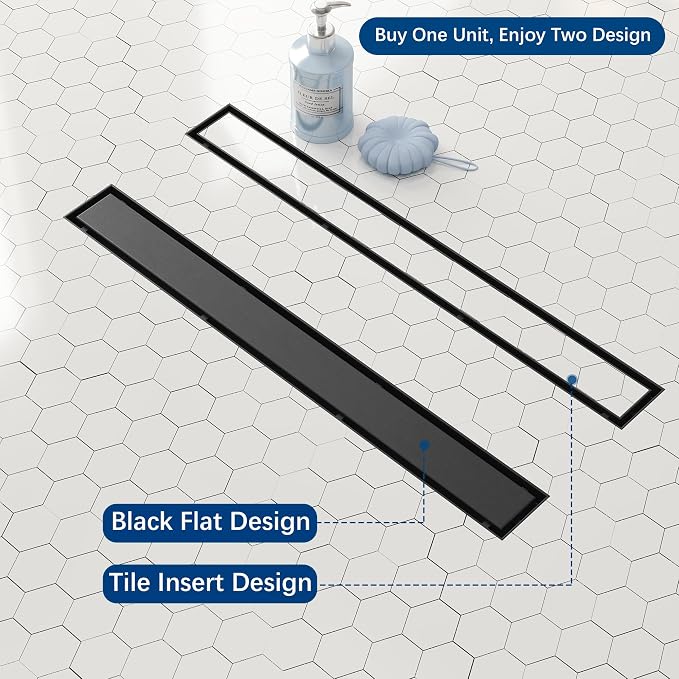 Neodrain 24-Inch Linear Shower Drain,with 2-in-1 Flat & Tile Insert Shiny Black Cover, Rectangle Shower Floor Drain, Floor Shower Drain with Adjustable Leveling Feet, Hair Strainer
