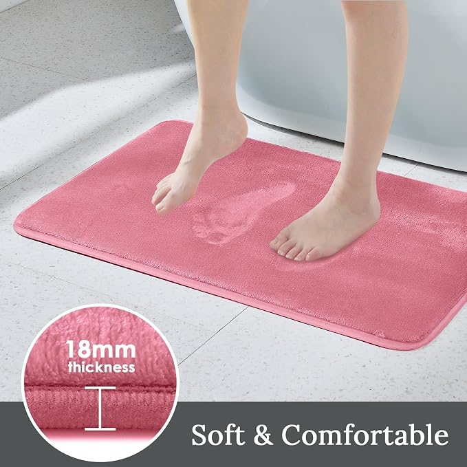 HUXMEYSON 3-Piece Memory Foam Bathroom Rug Set, Pink | Quick Dry Velvet Surface, Non-Slip & PVC Backing, Ultra Soft Bath Rugs for Bathroom, 17"x24"+20"x32"+U Shape 20"x24"
