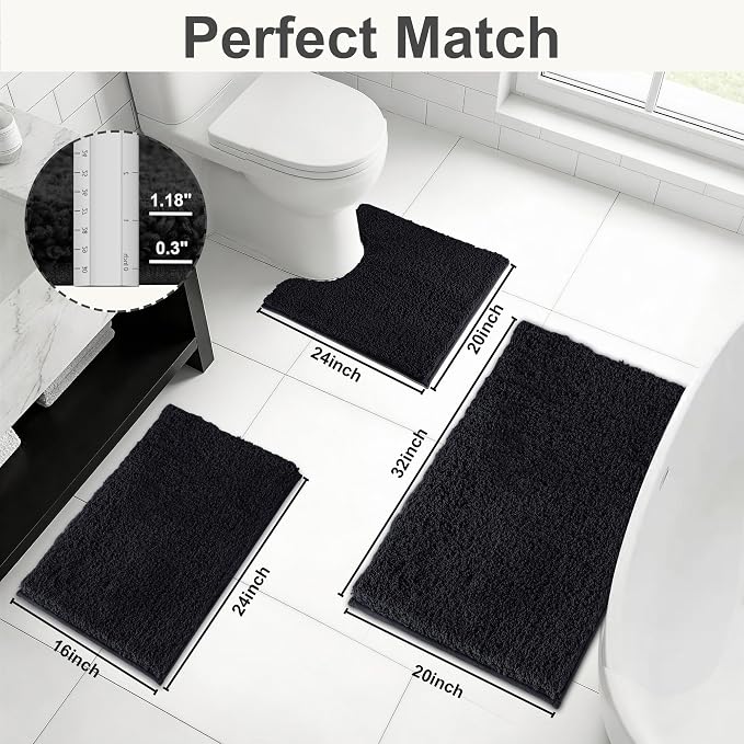 Bathroom Rugs Sets 3 Piece Non Slip Washable Bath Mat Set | Microfiber bath rug set with toilet mats for bathroom , Soft Absorbent toilet rug set TPR Rubber Backed bathroom floor mat