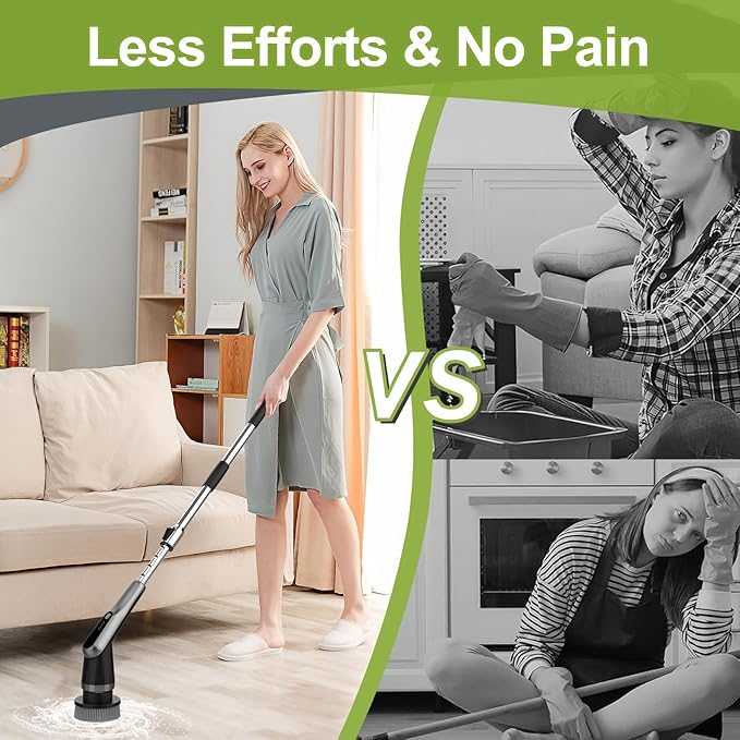 Electric Spin Scrubber, Cordless IPX7 Waterproof, Dual Speed Shower Scrubber with Adjustable Long Handle, 7 Replaceable Brush Heads for Bathroom, Bathtub, Tile Floor, Toilet, Kitchen & Car