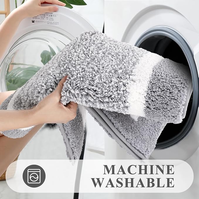 Pauwer 3 Piece Bathroom Rug Set, Non Slip Washable Bath Mat, Light Grey | Soft Plush Microfiber, Super Absorbent Floor Carpet, U Shaped Toilet Mats, Quick Dry, Shaggy Shower Rugs Runners