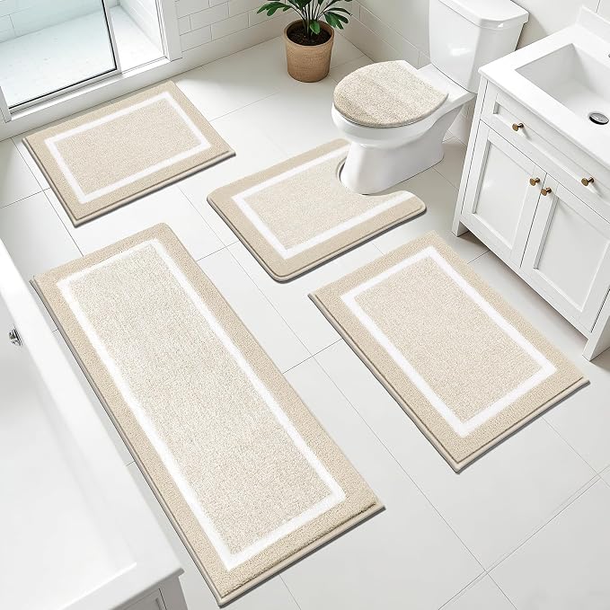 Pauwer Bathroom Rugs Sets 5 Piece, Microfiber Bath Mats, Light Beige | Non Slip Washable U Shaped Toilet Rug, Long Shower Runner, Toilet Lid Cover, Quick Dry Absorbent Plush Floor Carpet