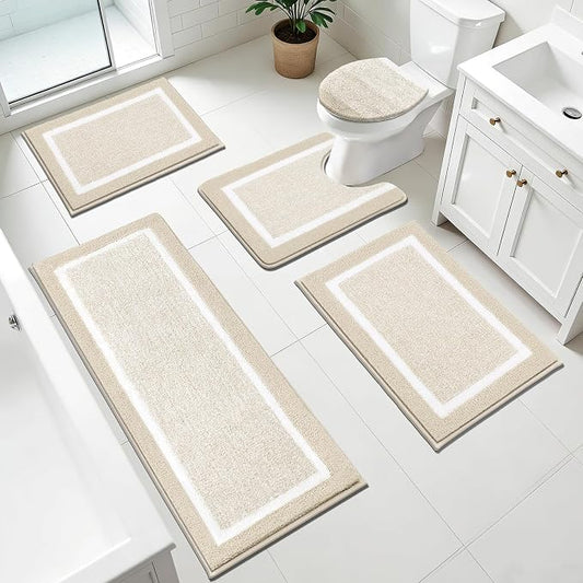Pauwer Bathroom Rugs Sets 5 Piece, Microfiber Bath Mats, Light Beige | Non Slip Washable U Shaped Toilet Rug, Long Shower Runner, Toilet Lid Cover, Quick Dry Absorbent Plush Floor Carpet