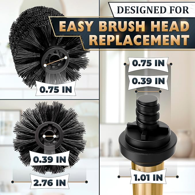 Gold Toilet Brush and Holder Set - Stainless Steel Gold Toilet Bowl Brush and Holder with Replaceable Head, Removable Inner Bowl, and Splash Guard - Dense Bristles for Thorough Cleaning