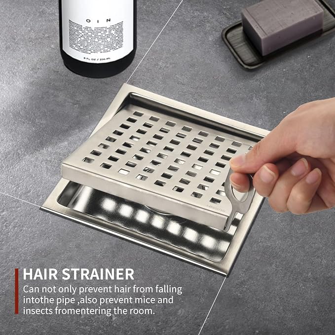 6 Inch Square Shower Drain with Removable Square Grille, Brushed 304 Stainless Steel, PVC Shower Drain Base, Includes Hair Strainer for Kitchen, Bathroom, Garage