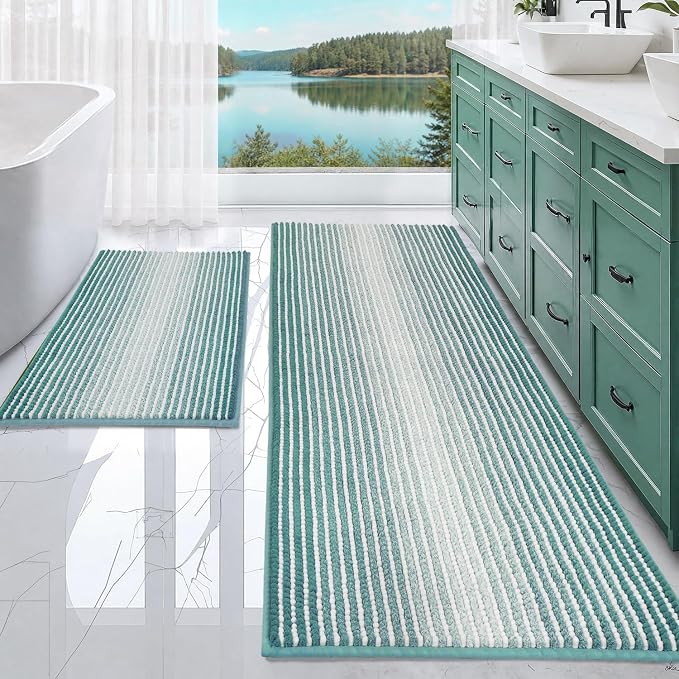 BSICPRO Bathroom Rugs Sets 2 Piece, Non Slip Striped Bath Mats, Aqua Green | 24"x70" Plus 20"x32", Soft Absorbent Chenille, Quick Dry Machine Washable, Shower Rug for Bathroom Floor, Tub, Bedroom Decor