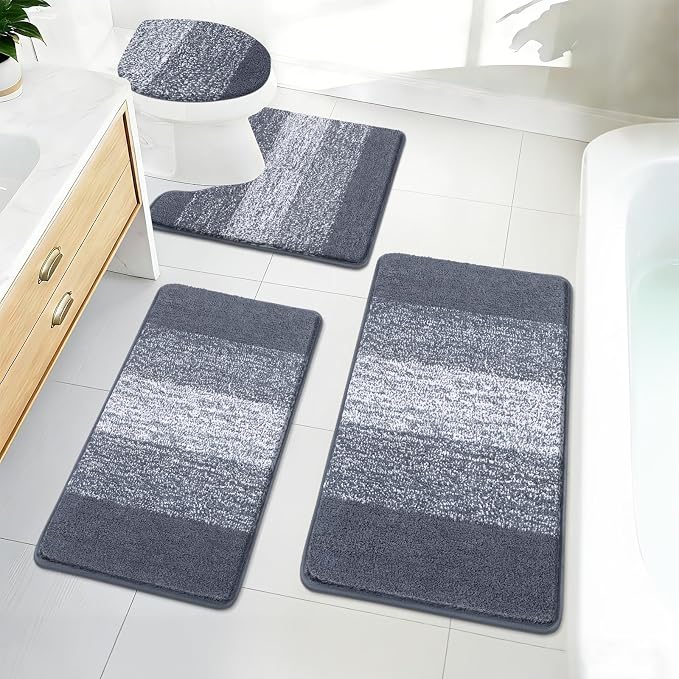 Bsmathom Bathroom Rug Set 4 Piece, Plush Microfiber Bath Mat, Dark Grey | Super Water Absorbent, Non Slip Machine Washable Bath Rug Sets with Toilet Lid Cover and U-shaped Contour Toilet Mat
